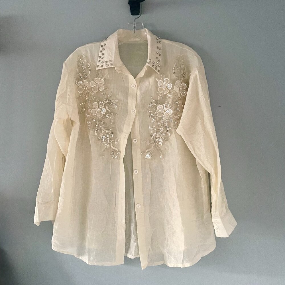 Button down shirt with floral beading and design